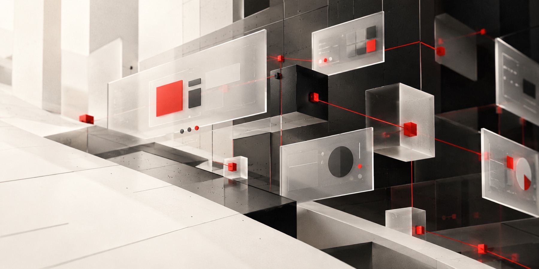 Abstract modular panels connected by red data lines